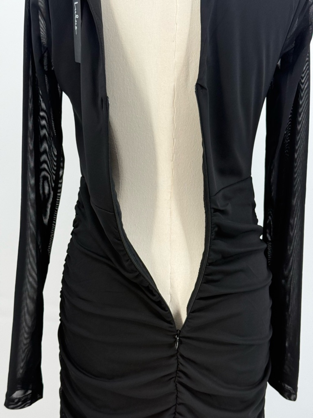 Lulus Vibrant Poise Black Mesh Ruched Maxi Dress Long Sleeve Sheer Hem Bodycon - Picture 9 of 15